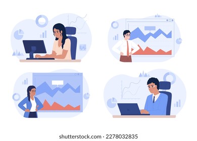 Business analysts department flat concept vector spot illustrations pack. Editable 2D cartoon characters on white for web design. Making reports creative ideas collection for website, mobile app