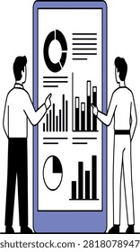 Business analysts discussing data charts on a digital mobile screen with analytics business technology smartphone analysis professional statistics reporting marketing dashboard corporate