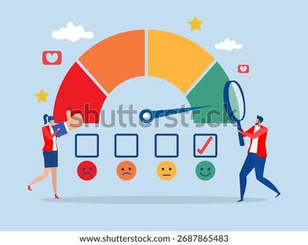 Business Analysts Evaluating Customer Sentiment business people analyze social sentiment dashboard.positive review, social voice, rating or opinion report, reaction or survey concept, vector