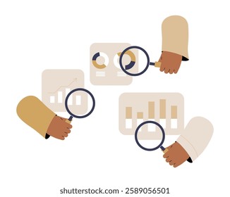 Business Analysts Examining Data Reports With Magnifying Glasses In Flat Vector Illustration Symbolizing Market Research, Analytics, And Performance Review, Isolated On White Background