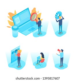Business analysts isometric 3D illustrations set. Data analysis, analytics. Commerce conversion, metrics. SEO, SMM. Digital advertising. Programmer, developer vector character. Stock market analyzing