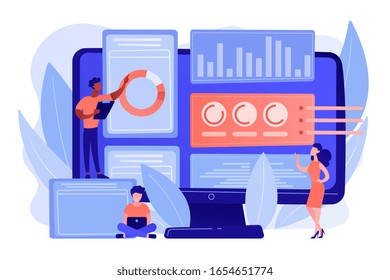 Business analysts performing idea management on computer screen. Innovation management software, brainstorming tools, inovation IT control concept. Pinkish coral bluevector isolated illustration