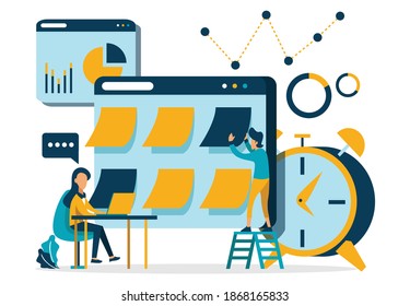 Analistas de negocio que realizan la gestión de ideas en pantalla de computadora. Software de gestión de innovación, herramientas de lluvia de ideas, concepto de control de TI de innovación. Pequeña ilustración. Ilustración del vector