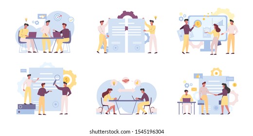 Business analysts teamwork flat vector illustrations set. Coworkers cartoon characters brainstorming, planning marketing strategy. Businessmen partnership and collaboration isolated pack on white