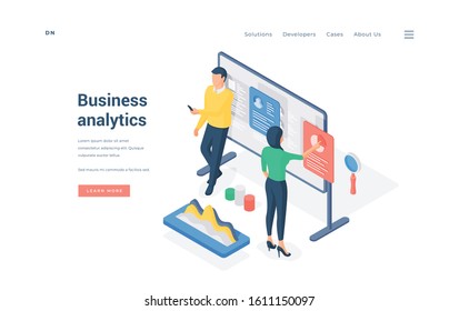 Business analysts working with data isometric vector illustration. man leaning on whiteboard near woman working with statistic charts on banner of business analytics website