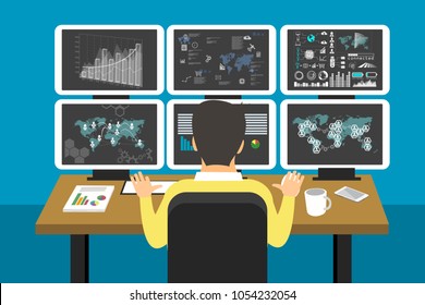 Business analytic, examiner. Flat design of man sitting at table with plenty of monitors controlling social network across world. Eps vector illustration, horizontal image, flat style graphic design.