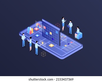 Business Analytic Isometric Illustration Dark Gradient. Suitable for Mobile App, Website, Banner, Diagrams, Infographics, and Other Graphic Assets.