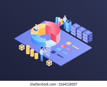 Business Analytic Isometric Illustration Dark Gradient. Suitable For Mobile App, Website, Banner, Diagrams, Infographics, And Other Graphic Assets.