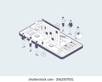 Business Analytic Isometric Illustration Lineal Grey. Suitable for Mobile App, Website, Banner, Diagrams, Infographics, and Other Graphic Assets.