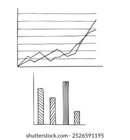 Gráfico de linha de tendência analítica de negócios e barras de estatística infográfica esboço de tinta preta da arte da linha do histograma. Gráficos modelo de design gráfico desenhado monocromático plano. Ilustração vetorial para empresas.