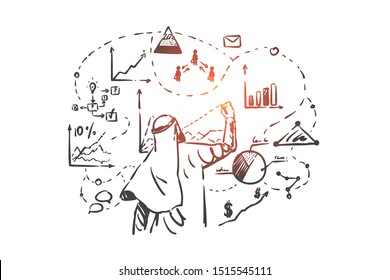 Business analytics, analysis concept sketch. Hand drawn isolated vector