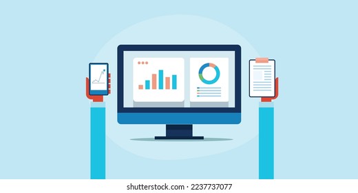 Business-Analytics-Anwendung, Business Stock-Bericht, Finanzanalyse, Investment-Management-Software - Vektorgrafik-Hintergrund einzeln auf blauem Hintergrund