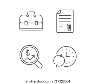 Business Analytics, Attachment and Case line icons. Businessman diplomat, Update time and Audit symbols. Quality design element. Editable stroke. Vector
