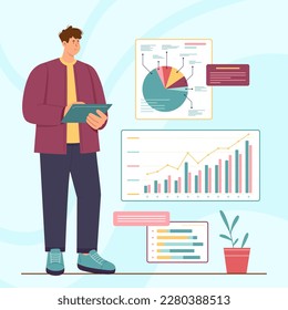 Análisis empresarial, auditoría e ilustración del vector contable. Hombre de caricatura sostiene tableta para investigar resultados de gráficos y encuestas de datos infográficos, control global y análisis financiero por parte de un empresario