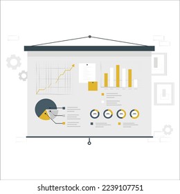 Panel de análisis de negocio (BA) o inteligencia (BI) en pantalla virtual que muestra gráficos de estadísticas de datos de ventas y operaciones e indicadores clave de rendimiento (KPI). datos financieros y gráficos