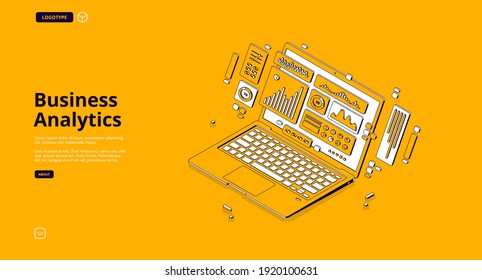 Business analytics banner. Concept of analysis company strategy and management, research financial information. Vector landing page of statistic report with isometric graph and charts on laptop screen