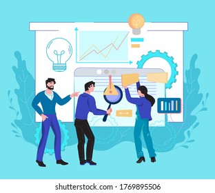 El concepto de banner de análisis de negocios con trabajadores de oficina está estudiando la ilustración infográfica, plana vectorial. Análisis de datos y estrategia de desarrollo de empresas, investigación de marketing.