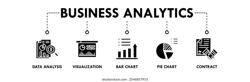 Business Analytics banner ícone da Web ilustração conceito com ícone de análise de dados, visualização, gráfico de barras, gráfico de pizza e contrato