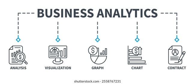 Business Analytics banner web icon illustration concept with data analysis, visualization, graph, chart and contract icons