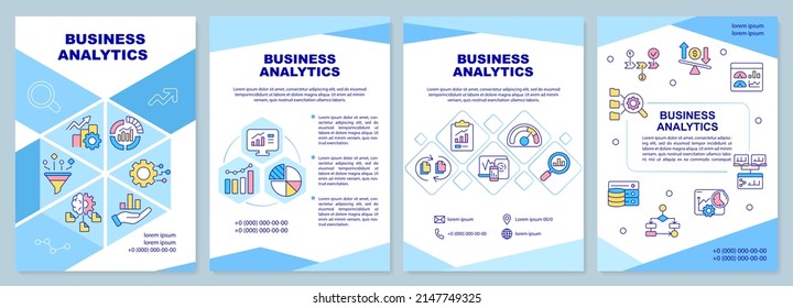 Business analytics blue brochure template. Increasing productivity. Leaflet design with linear icons. 4 vector layouts for presentation, annual reports. Arial-Black, Myriad Pro-Regular fonts used