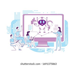 Business analytics bot thin line concept vector illustration. AI robot development lecture. Analysts 2D cartoon characters for web design. Automated Internet searching software creative idea