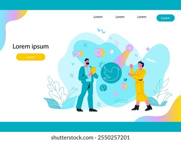 Análisis de negocios y concepto de lluvia de ideas para el Anuncio de Sitio web. SMM o Social Media Management modernas estrategias de marketing, Ilustración vectorial plana aislada en blanco.