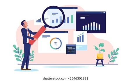 Business analytics - Businessman with magnifying glass inspecting, doing research and gaining insights from company data, charts and statistics. Flat design vector illustration on white background