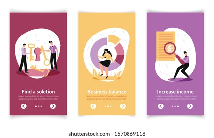 Business analytics chart banners set with three isolated vertical backgrounds editable text and switch page buttons vector illustration