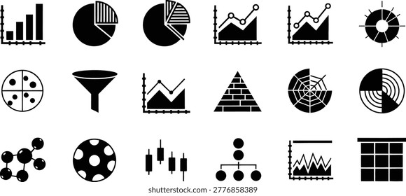 Business analytics chart graph icons set in black and white style