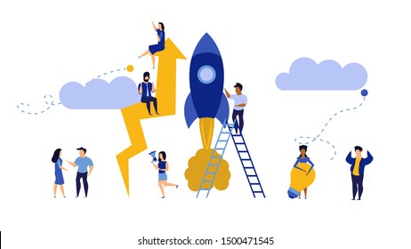 Business analytics in cloud arrow vector leadership company. People challenge teamwork up. Flat job marketing concept illustration. Growth with rocket investment service. Man and woman trend result