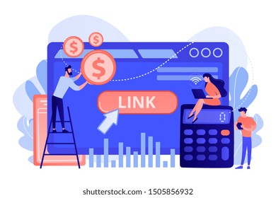 Business analytics, commerce metrics, SEO. Cost per acquisition CPA model, cost per conversion, online advertising pricing model concept. Bright vibrant violet vector isolated illustration