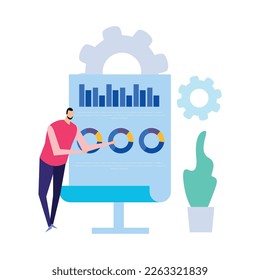 Composición de análisis de negocio con estilo de doodle plano caracteres humanos gráficos de barras radiales iconos de engranajes y gadgets ilustración vectorial
