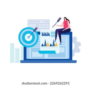 Business analytics composition with flat doodle style human characters radial bar charts gear icons and gadgets vector illustration