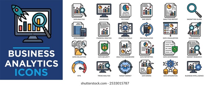 business analytics, negócios, computador, dados, marketing, conjunto de ícones de análise. Coleção de ícones de tópicos. Ilustração de vetor simples