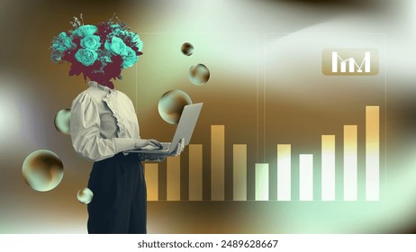 Concepto de análisis de negocios collage de arte. Mujer en traje de oficina formal y cabeza de flor que analiza datos de gráficos de barras de la computadora portátil. Ilustración vectorial de color de Antiguas sobre fondo degradado borroso