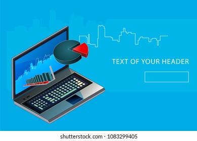 business analytics concept, data visualization, 3d infographics, charts and diagram isometric vector illustration