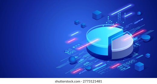 Business analytics concept with digital pie chart and data interface. Futuristic isometric neon illustration statistics, data visualization, corporate analysis and modern technology.
