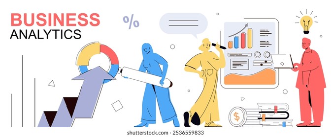 Concepto de análisis de negocios en diseño plano de dibujos animados para el Anuncio de Web. Personas analizando gráficas de datos, calculando informes de diagramas financieros, monitoreando el equilibrio y la estrategia de planificación. Ilustración vectorial.