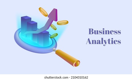 business analytics concept. graph chart com out from magnifier glass vector illustration