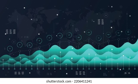 Business analytics concept. Graphs and diagrams, infographics for business and investment. Work with statistics and information. Digital world and modern technologies. Neon vector illustration