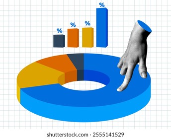 Business analytics concept. Halftone hand analyzing sales pie chart. Marketing analysis of stock market. Risk management control. Modern collage