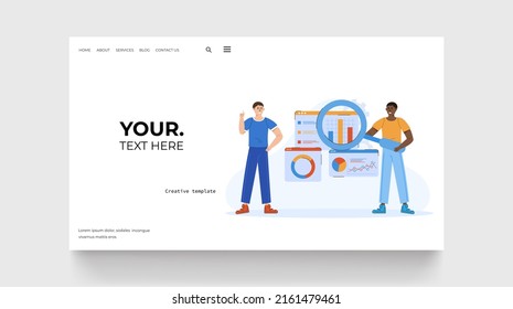 Business analytics concept landing page. Two Man standing with magnifying glass around web window with graph and statistic. Vector illustration