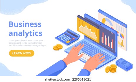 Business Analytics Konzept. Der Mann sitzt auf dem Laptop und betrachtet Grafiken und Diagramme. Arbeiten Sie mit Statistiken und Infografiken, Datenvisualisierung. Finanzsteuerbericht Cartoon isometrische Vektorgrafik