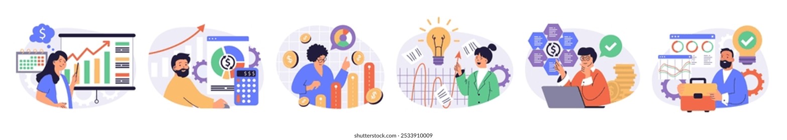Business analytics concept set with characters in flat design for web. People analyzing data graphs with growth arrows, calculating financial diagram report, monitoring balance. Vector illustrations.