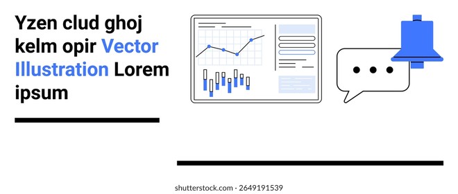 Business analytics dashboard with bar charts, line graph, notification bell, and message icons. Ideal for data analysis, notifications, communication, business insights, marketing strategies