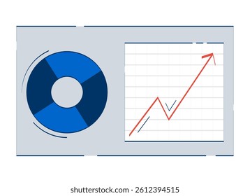 Business analytics dashboard with chart and graph 2D doodle object. Data analysis. Piechart, upward trend cartoon element flat vector clipart isolated on white background. Hand drawn illustration