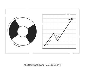 Business analytics dashboard with chart and graph doodle linear object. Data analysis. Piechart, upward trend 2D vector outline clip art drawing isolated on white. Hand drawn sketch illustration