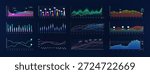 Business Analytics Dashboard Charts on Dark Neon Background. Collection of glowing data charts and financial graphs on a dark blue dashboard UI. Line, bar, candlestick visuals, KPI UI, UX. Vector set