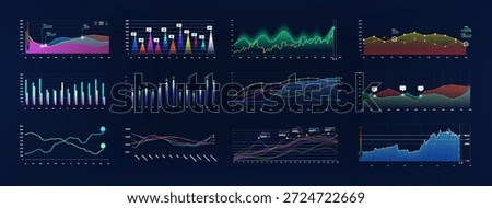 Business Analytics Dashboard Charts on Dark Neon Background. Collection of glowing data charts and financial graphs on a dark blue dashboard UI. Line, bar, candlestick visuals, KPI UI, UX. Vector set