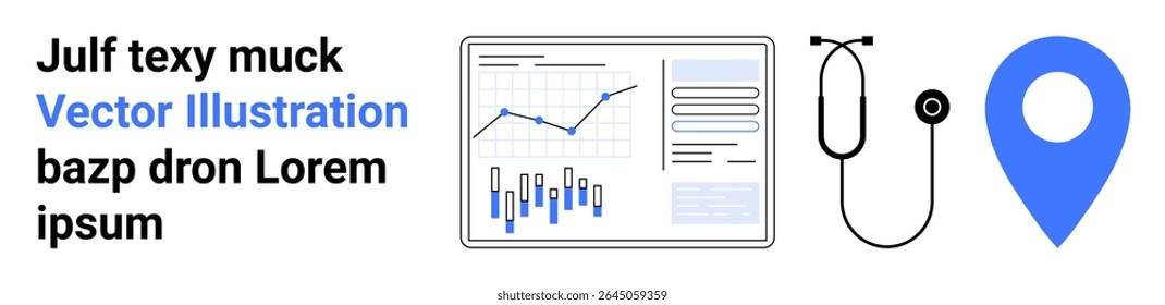 Business analytics dashboard with graphs, stethoscope, and blue location pin. Ideal for healthcare, data visualization, analytics, medical services, GPS, technology, marketing. Landing page